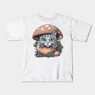 Cat Basking in Sunlight Under a Mushroom Kids T-Shirt